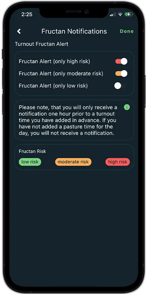 notification warning alarm for high medium low fructan risk