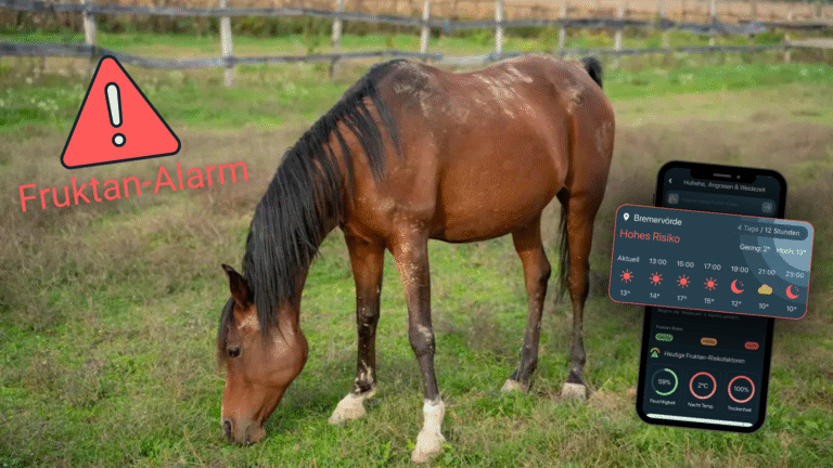 Ein braunes Pferd steht auf einer Wiese und grast. Rechts im Bild ist ein Handy mit einem Screenshot der Happie Horse App und dem Thema Fruktan eingefügt. Die Überschrift lautet: Fruktan-Alarm