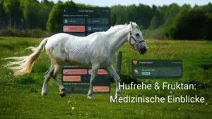 Ein weißes Pferd läuft auf einer Wiese. Im Hintergrund ist ein leicht transparenter Screen der Happie Horse App zum Thema Hufrehe eingefügt. Die Überschrift lautet: Hufrehe & Fruktan: Medizinische Einblicke.