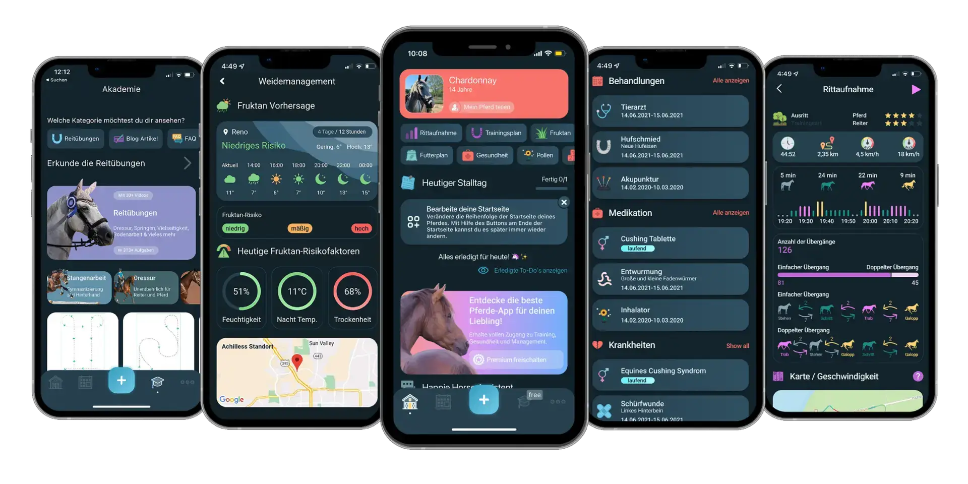 Fünf Bildschirme der Happie App: Gesundheitsakte, Pollen, Startseite, Aufgaben, Training