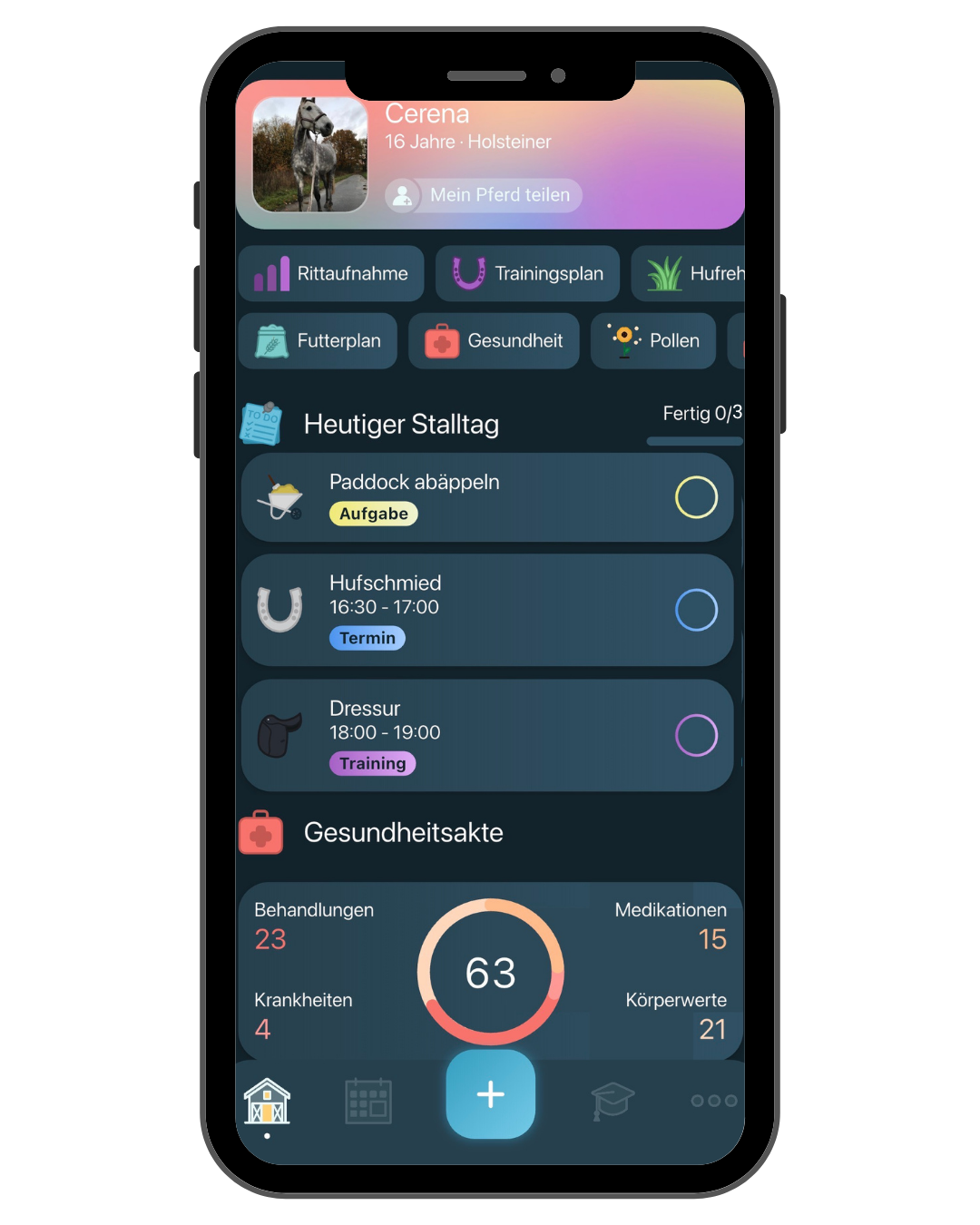 Happie Horse App – Startseite mit Stallroutine und Trainingstagebuch