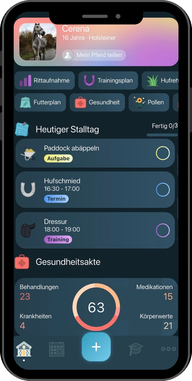 Happie App: Pferdeprofil mit heutigem Stalltag und Gesundheitsakte